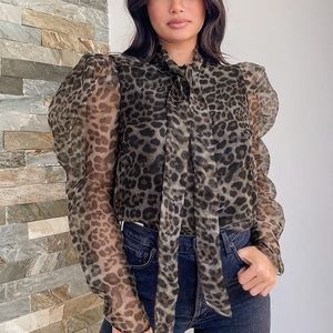 Olive Green Leopard Print Organza Button-Up Top. Never worn.